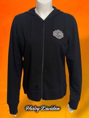 Harley-Davidson Embellished Full Zip Up Studded Bling Flame Hoodie Womans Large